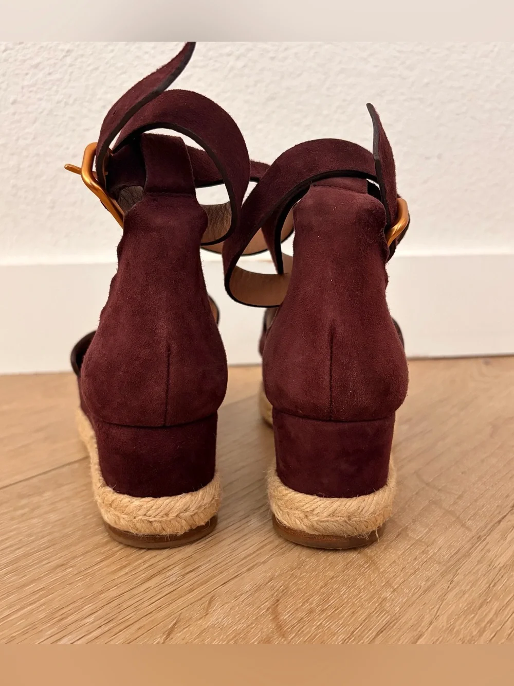 Chloe Lauren Scalloped Ankle-Strap Espadrille in Maroon Burgundy Suede
